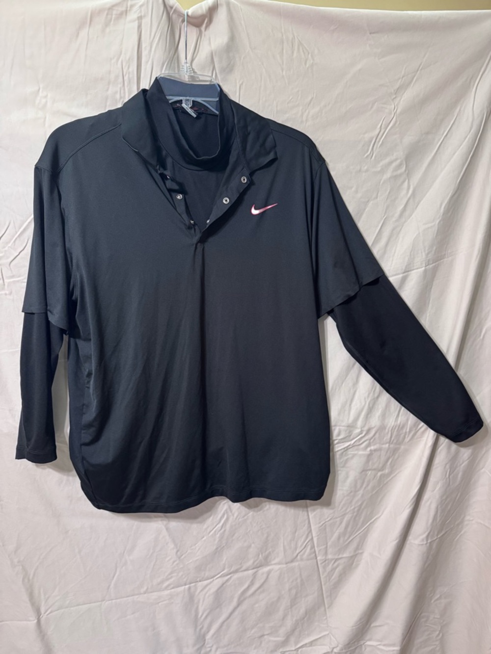 Nike Black Polo with attached Band Collar  Long Sleeve Shirt with Red Swoosh